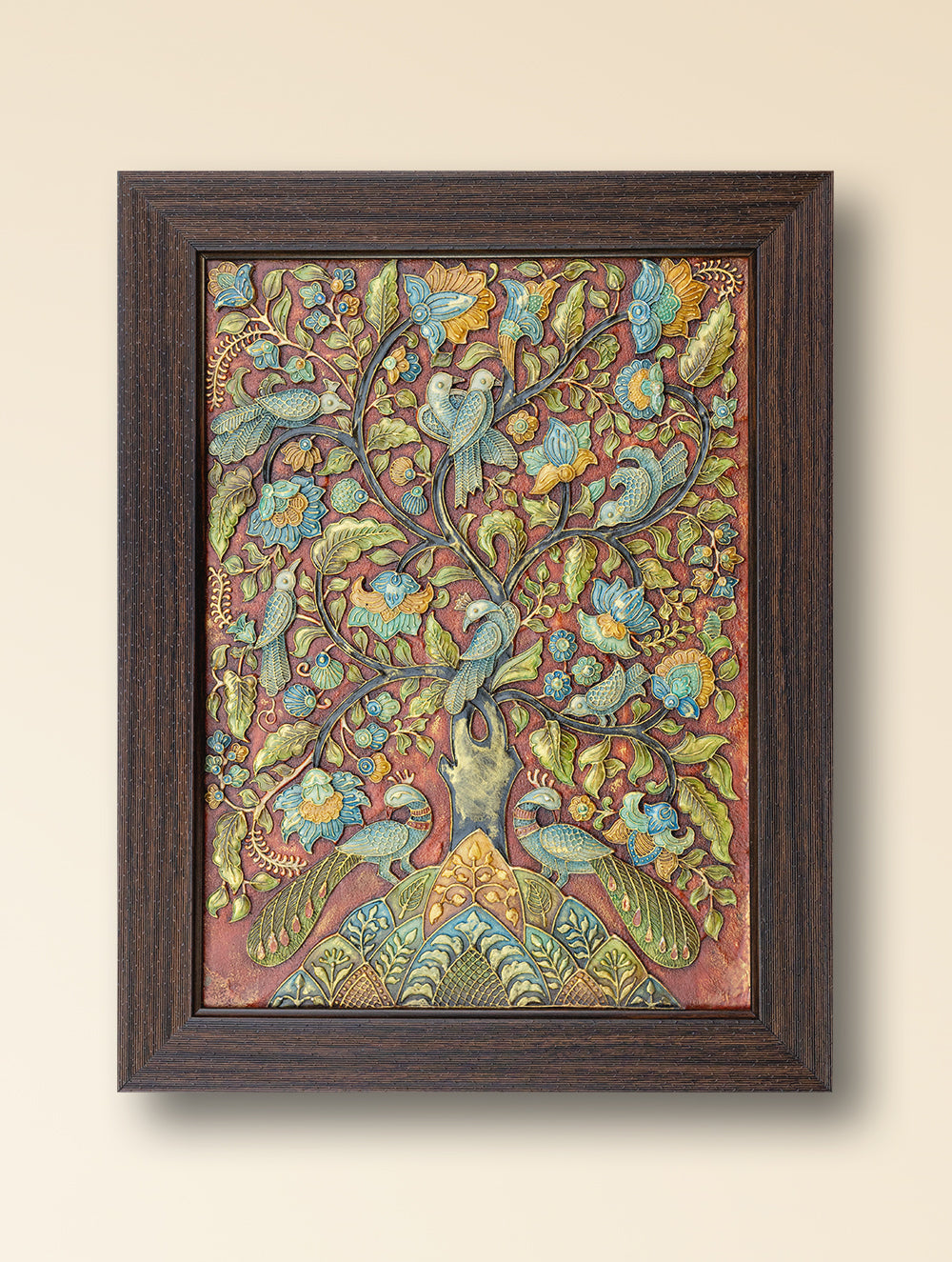 Hand-rendered Stone Dust Painting - Plumage & Petals (Framed 16" x 13")