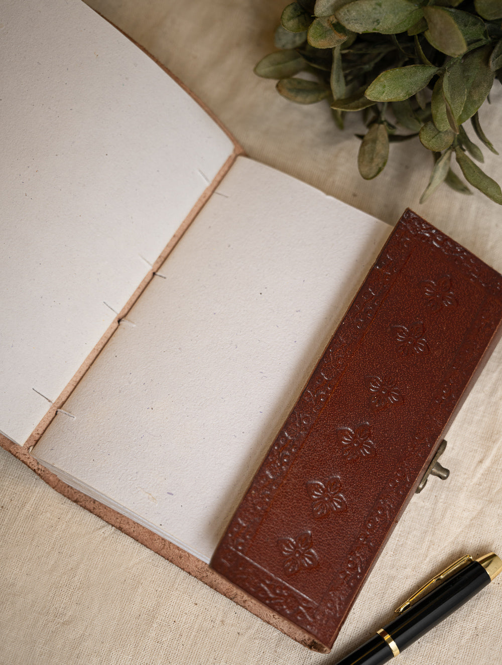 Hand Embossed Leather Diary With Handmade Paper - Brown Ornate