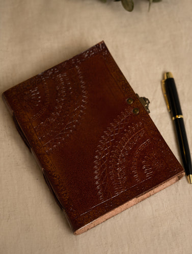 Hand Embossed Leather Diary With Handmade Paper - Brown Ornate