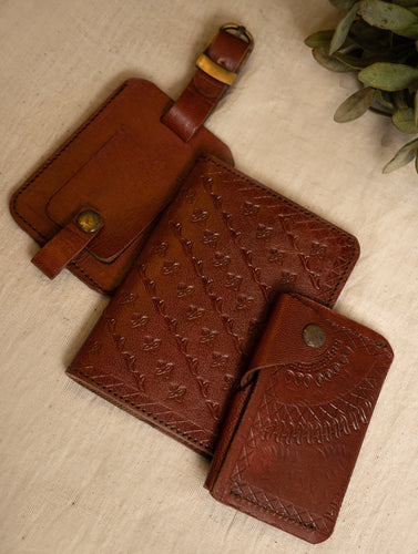 Hand Embossed Leather Travel Set - 2 pcs, Passport Holder & Luggage Tag