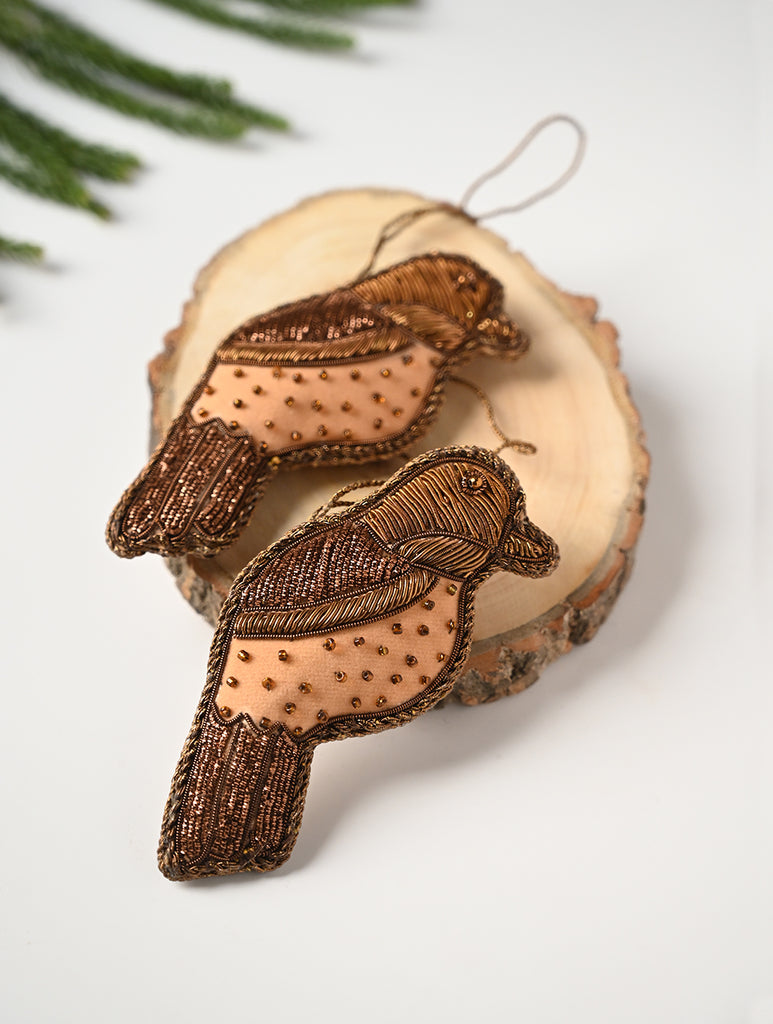 Hand Embroidered Zardozi Xmas Decorations - Beige Antique Birds (Set of 2)