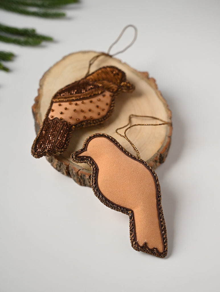 Hand Embroidered Zardozi Xmas Decorations - Beige Antique Birds (Set of 2)