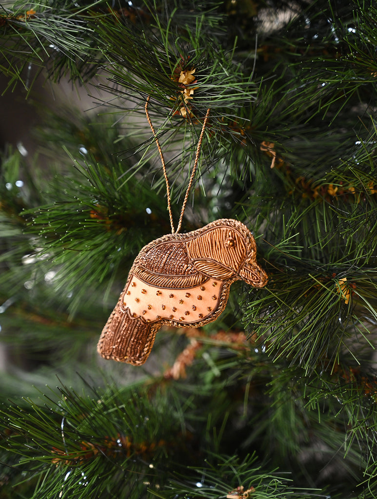 Hand Embroidered Zardozi Xmas Decorations - Beige Antique Birds (Set of 2)