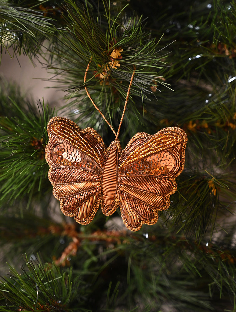 Hand Embroidered Zardozi Xmas Decorations - Beige Antique Butterflies (Set of 2)