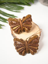 Load image into Gallery viewer, Hand Embroidered Zardozi Xmas Decorations - Beige Antique Butterflies (Set of 2)