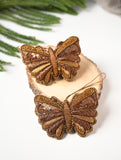 Hand Embroidered Zardozi Xmas Decorations - Beige Antique Butterflies (Set of 2)