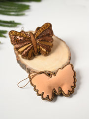 Hand Embroidered Zardozi Xmas Decorations - Beige Antique Butterflies (Set of 2)