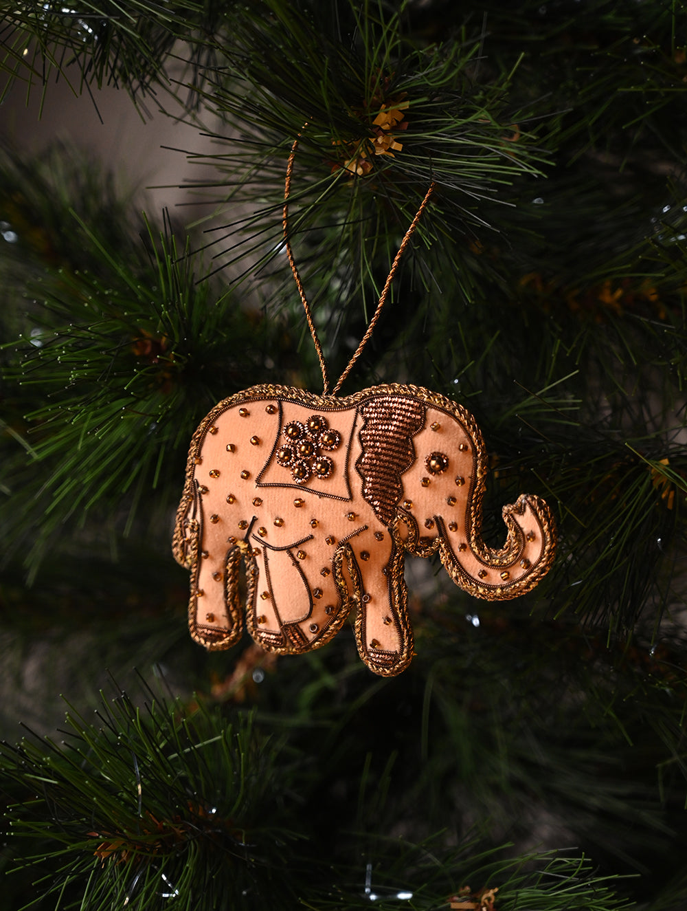 Load image into Gallery viewer, Hand Embroidered Zardozi Xmas Decorations - Beige Antique Elephants (Set of 2)
