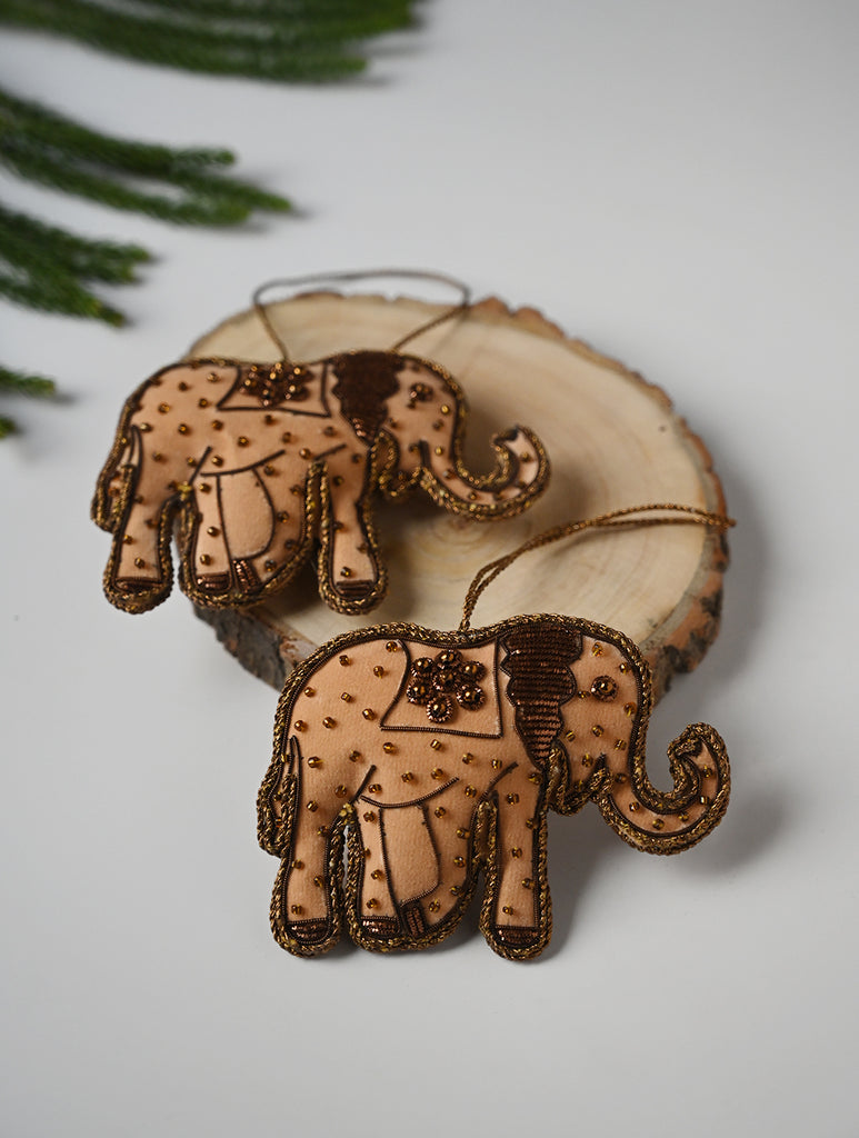 Hand Embroidered Zardozi Xmas Decorations - Beige Antique Elephants (Set of 2)