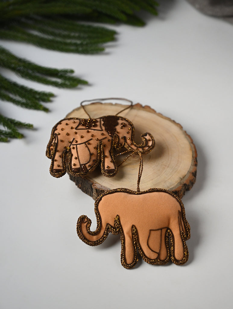 Hand Embroidered Zardozi Xmas Decorations - Beige Antique Elephants (Set of 2)