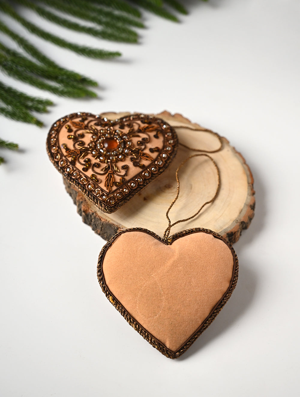 Load image into Gallery viewer, Hand Embroidered Zardozi Xmas Decorations - Beige Antique Hearts (Set of 2)