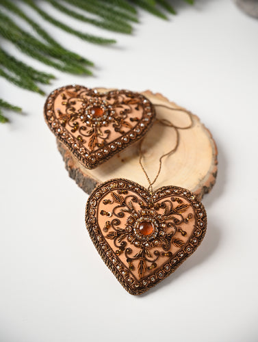 Hand Embroidered Zardozi Xmas Decorations - Beige Antique Hearts (Set of 2)