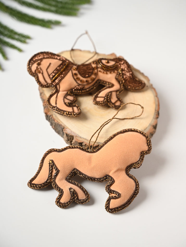 Hand Embroidered Zardozi Xmas Decorations - Beige Antique Horses (Set of 2)