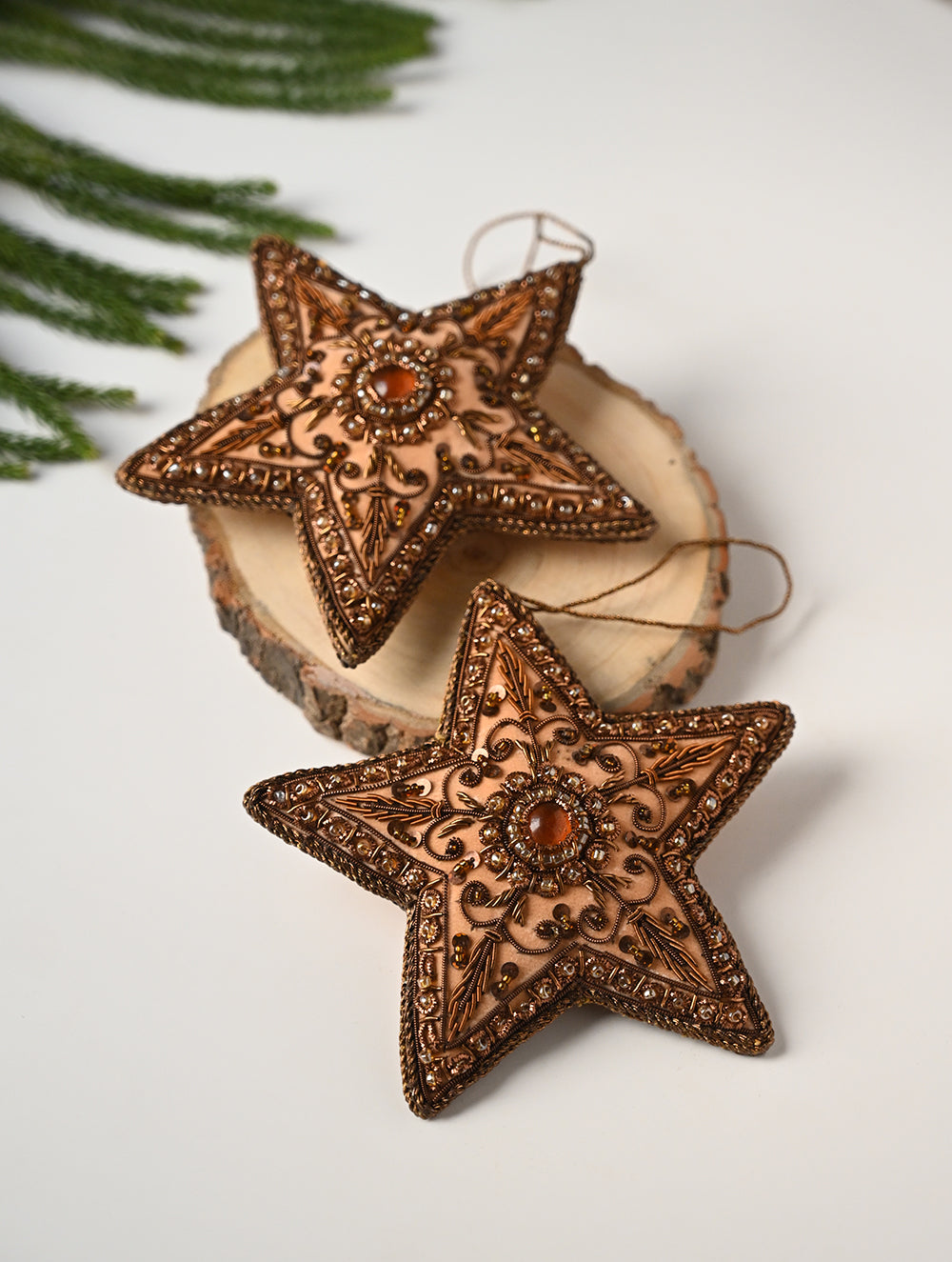 Load image into Gallery viewer, Hand Embroidered Zardozi Xmas Decorations - Beige Antique Stars (Set of 2)