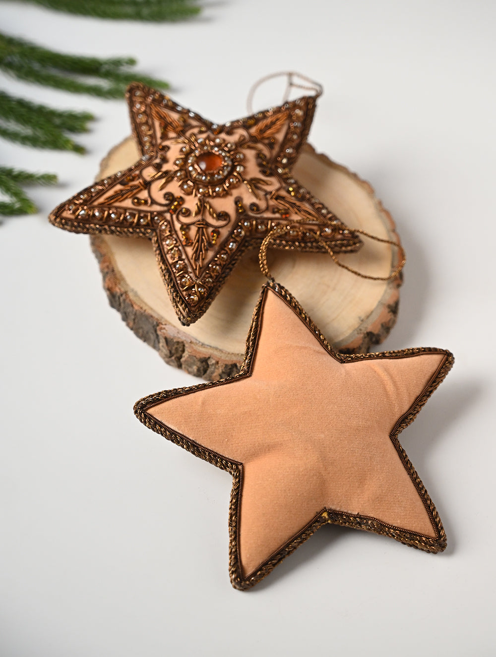 Load image into Gallery viewer, Hand Embroidered Zardozi Xmas Decorations - Beige Antique Stars (Set of 2)
