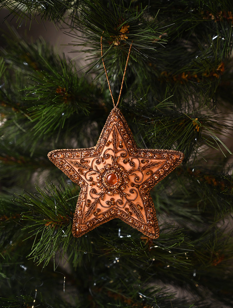 Hand Embroidered Zardozi Xmas Decorations - Beige Antique Stars (Set of 2)