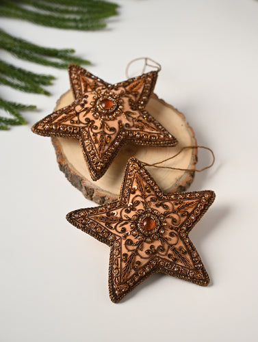Hand Embroidered Zardozi Xmas Decorations - Beige Antique Stars (Set of 2)