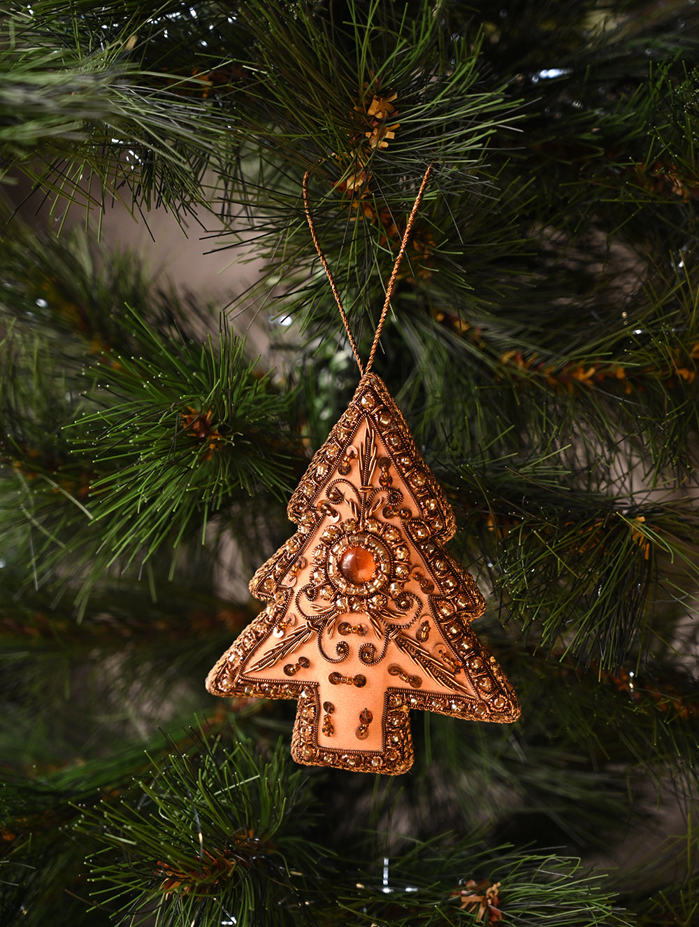 Load image into Gallery viewer, Hand Embroidered Zardozi Xmas Decorations - Beige Antique Xmas Trees (Set of 2)