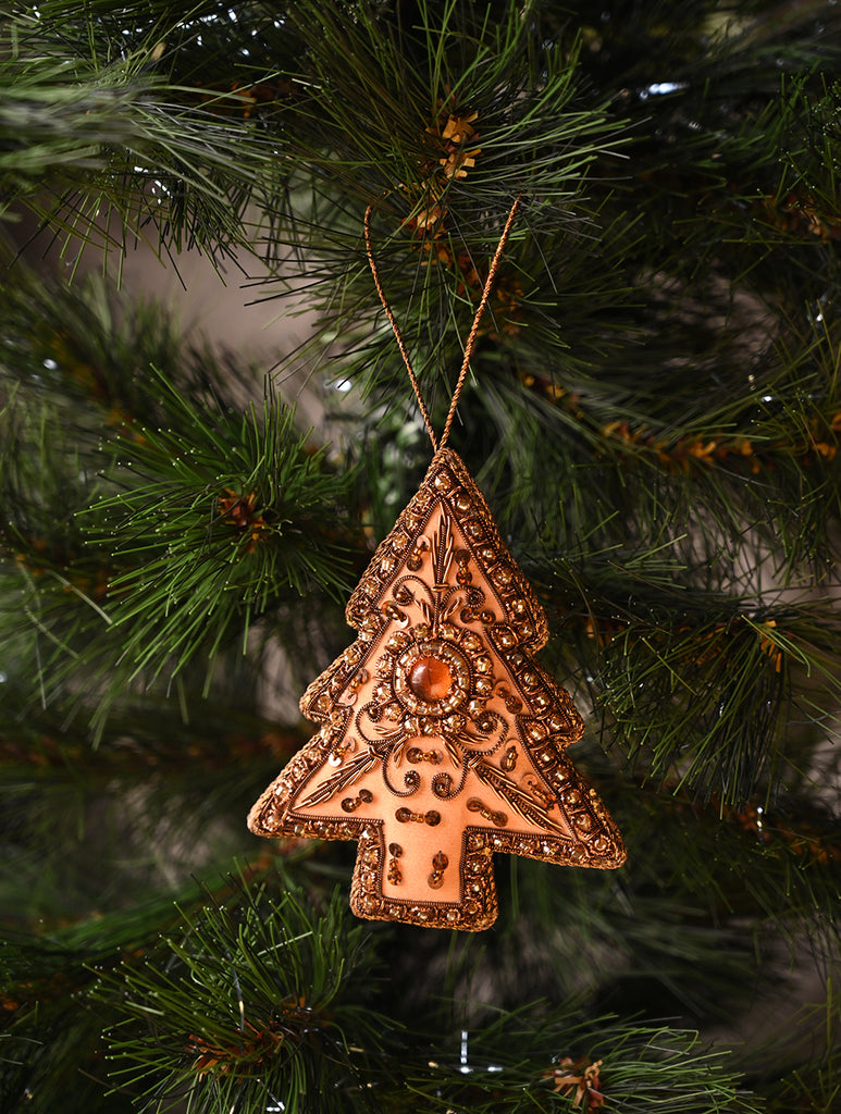 Hand Embroidered Zardozi Xmas Decorations - Beige Antique Xmas Trees (Set of 2)