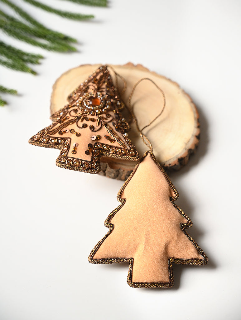 Hand Embroidered Zardozi Xmas Decorations - Beige Antique Xmas Trees (Set of 2)