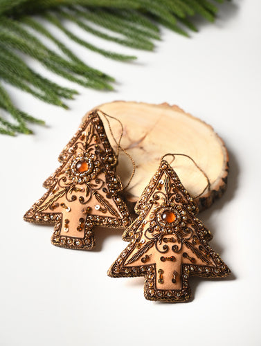 Hand Embroidered Zardozi Xmas Decorations - Beige Antique Xmas Trees (Set of 2)