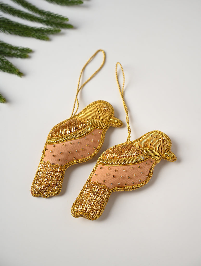 Hand Embroidered Zardozi Xmas Decorations - Beige & Gold Birds (Set of 2)