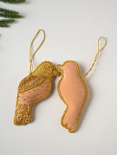Load image into Gallery viewer, Hand Embroidered Zardozi Xmas Decorations - Beige &amp; Gold Birds (Set of 2)