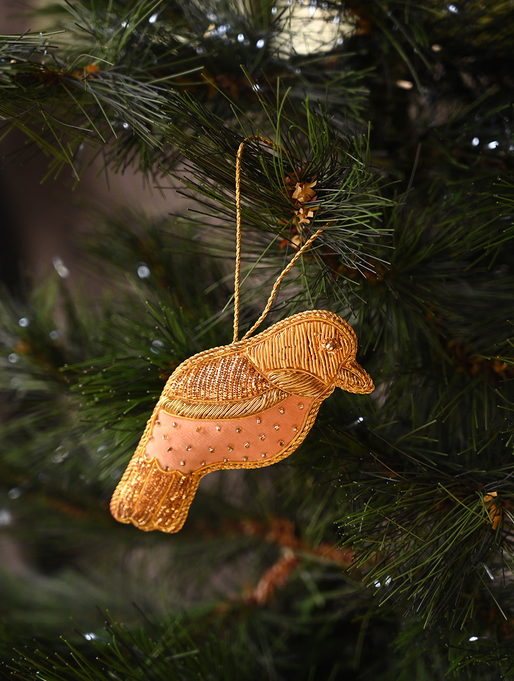 Load image into Gallery viewer, Hand Embroidered Zardozi Xmas Decorations - Beige &amp; Gold Birds (Set of 2)