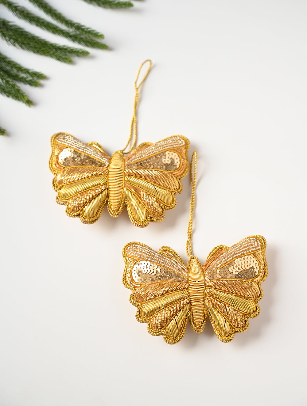 Load image into Gallery viewer, Hand Embroidered Zardozi Xmas Decorations - Beige &amp; Gold Butterflies (Set of 2)