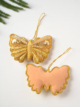 Load image into Gallery viewer, Hand Embroidered Zardozi Xmas Decorations - Beige &amp; Gold Butterflies (Set of 2)