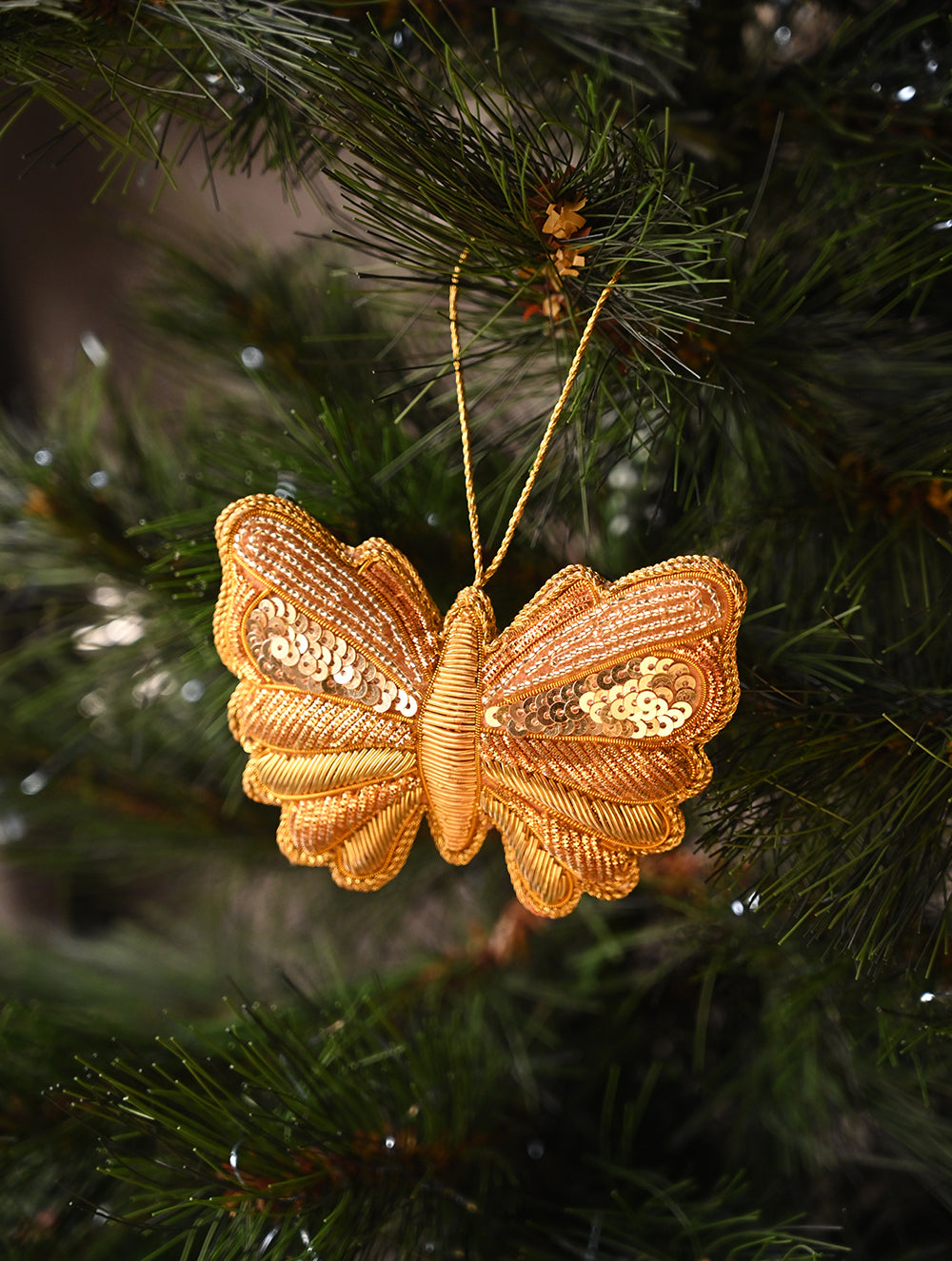 Load image into Gallery viewer, Hand Embroidered Zardozi Xmas Decorations - Beige &amp; Gold Butterflies (Set of 2)