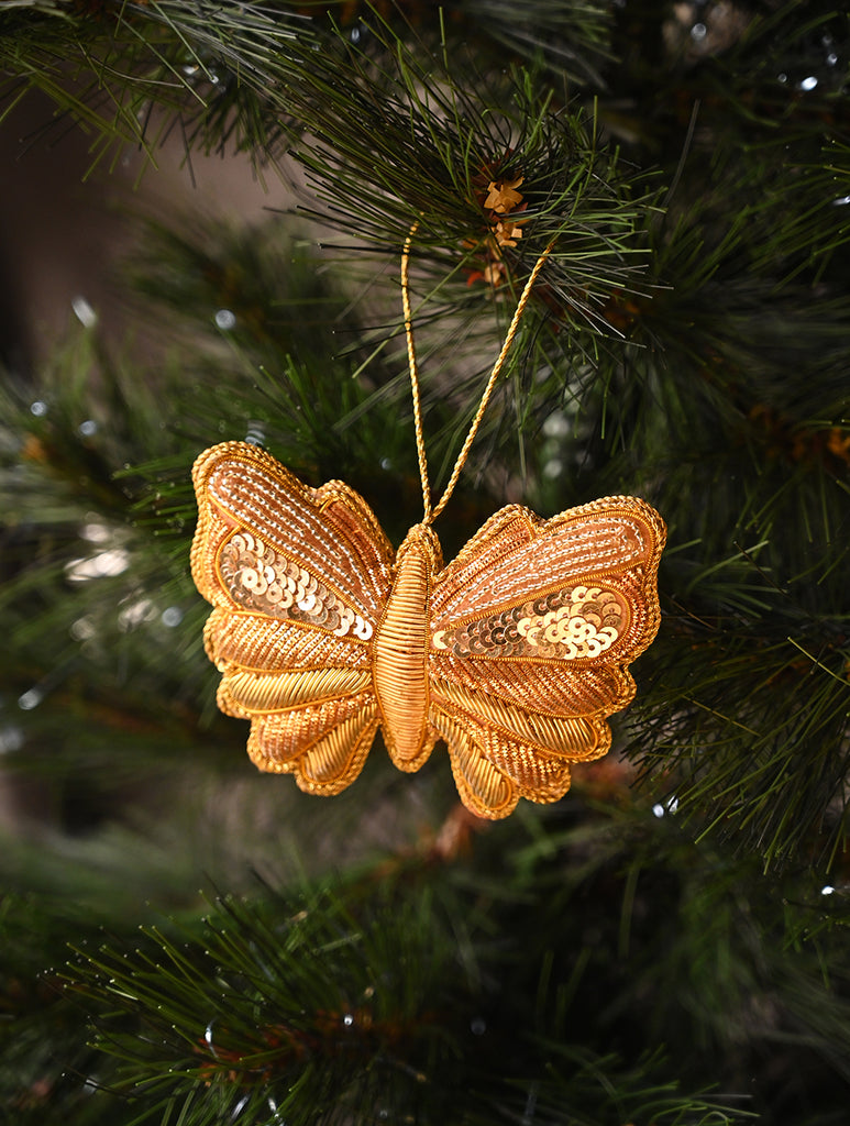 Hand Embroidered Zardozi Xmas Decorations - Beige & Gold Butterflies (Set of 2)