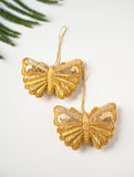 Hand Embroidered Zardozi Xmas Decorations - Beige & Gold Butterflies (Set of 2)