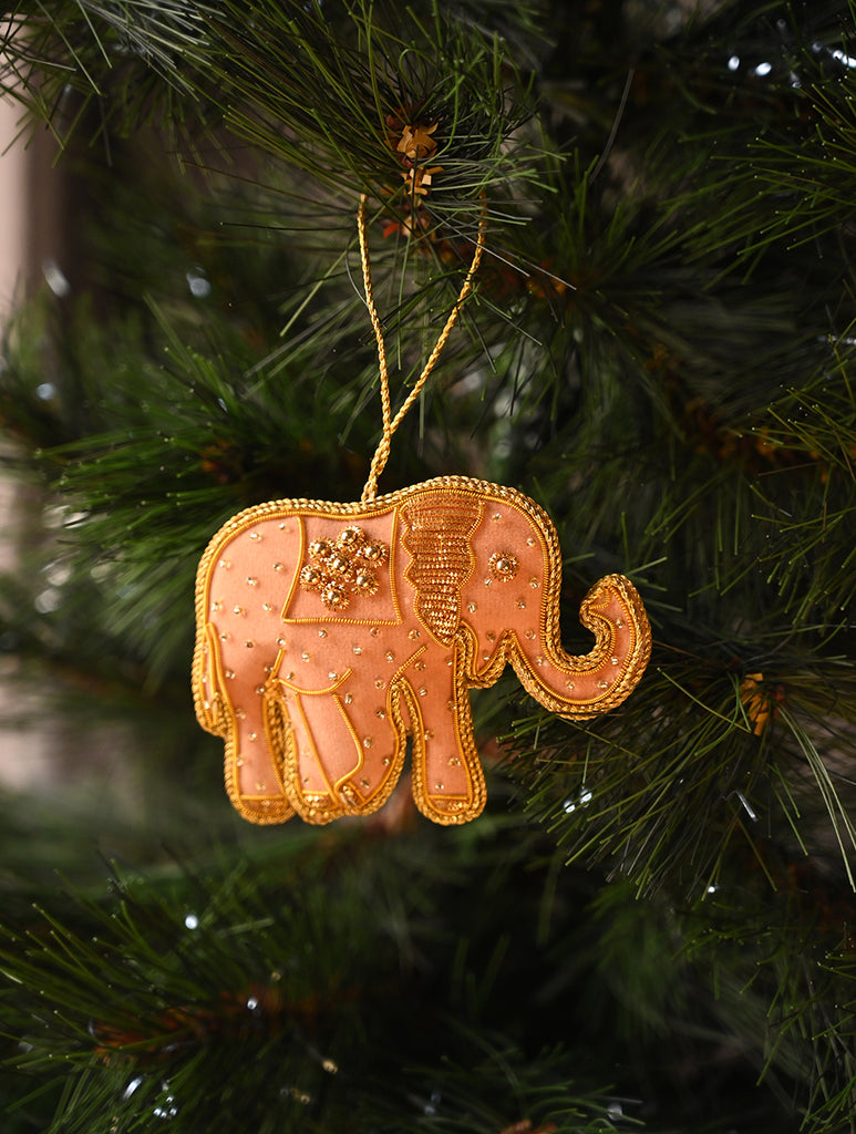 Hand Embroidered Zardozi Xmas Decorations - Beige & Gold Elephants (Set of 2)