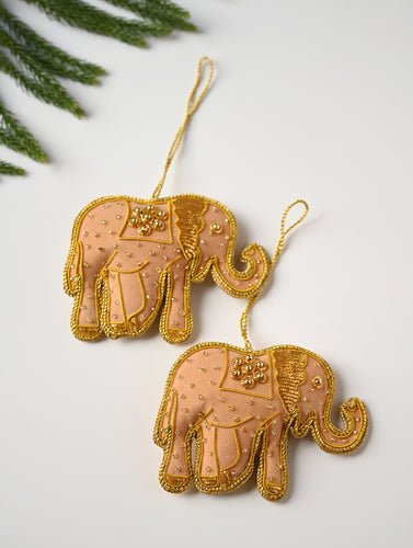 Hand Embroidered Zardozi Xmas Decorations - Beige & Gold Elephants (Set of 2)