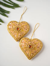 Load image into Gallery viewer, Hand Embroidered Zardozi Xmas Decorations - Beige &amp; Gold Hearts (Set of 2)