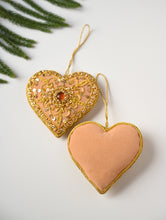 Load image into Gallery viewer, Hand Embroidered Zardozi Xmas Decorations - Beige &amp; Gold Hearts (Set of 2)