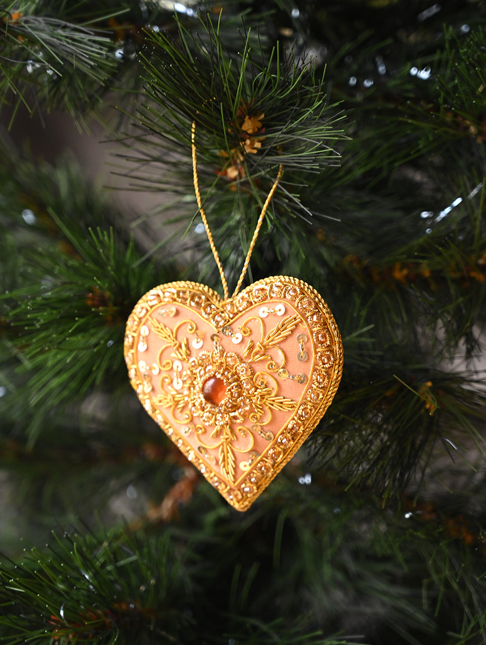 Load image into Gallery viewer, Hand Embroidered Zardozi Xmas Decorations - Beige &amp; Gold Hearts (Set of 2)