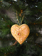 Load image into Gallery viewer, Hand Embroidered Zardozi Xmas Decorations - Beige &amp; Gold Hearts (Set of 2)
