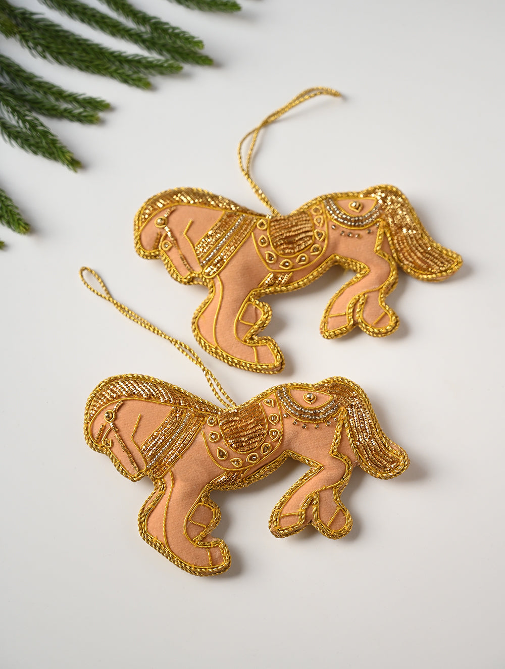 Load image into Gallery viewer, Hand Embroidered Zardozi Xmas Decorations - Beige &amp; Gold Horses (Set of 2)