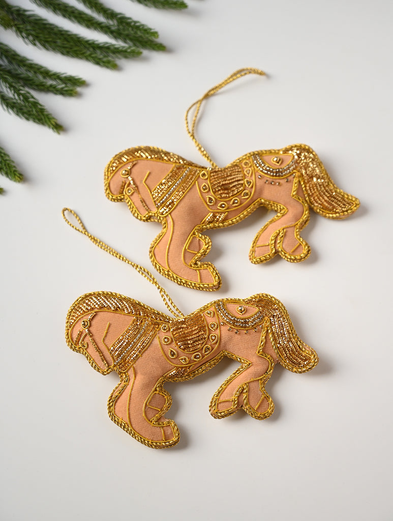 Hand Embroidered Zardozi Xmas Decorations - Beige & Gold Horses (Set of 2)