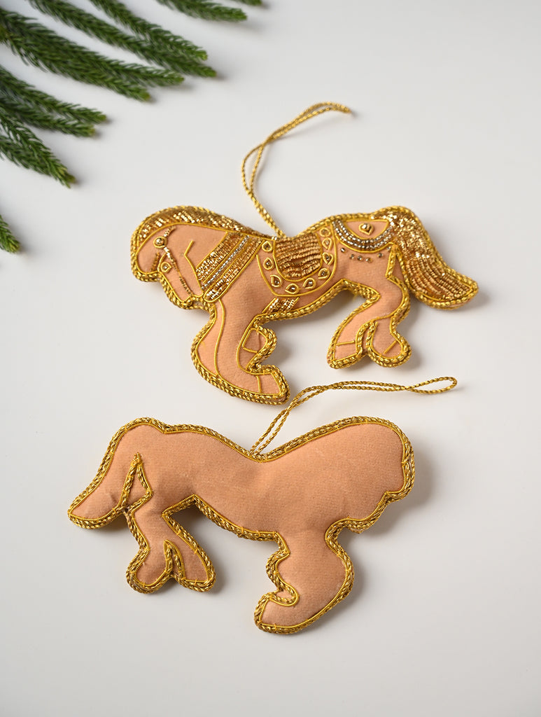 Hand Embroidered Zardozi Xmas Decorations - Beige & Gold Horses (Set of 2)