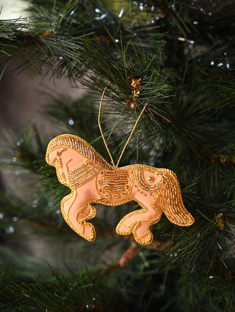 Hand Embroidered Zardozi Xmas Decorations - Beige & Gold Horses (Set of 2)