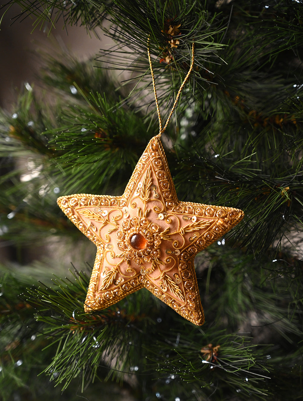 Load image into Gallery viewer, Hand Embroidered Zardozi Xmas Decorations - Beige &amp; Gold Stars (Set of 2)