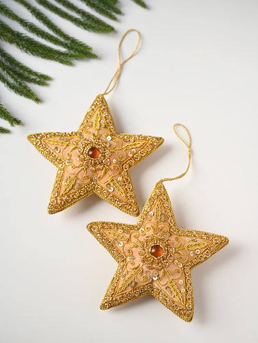 Hand Embroidered Zardozi Xmas Decorations - Beige & Gold Stars (Set of 2)