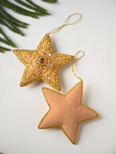 Load image into Gallery viewer, Hand Embroidered Zardozi Xmas Decorations - Beige &amp; Gold Stars (Set of 2)