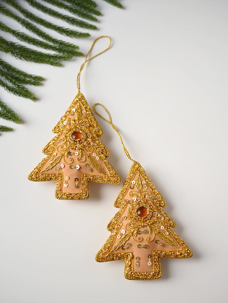 Hand Embroidered Zardozi Xmas Decorations - Beige & Gold Xmas Trees (Set of 2)