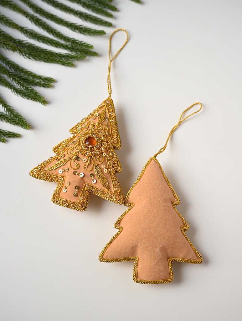 Hand Embroidered Zardozi Xmas Decorations - Beige & Gold Xmas Trees (Set of 2)