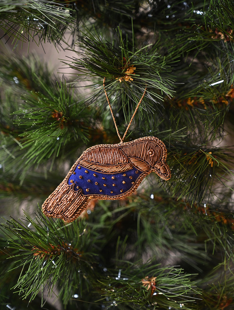 Hand Embroidered Zardozi Xmas Decorations - Blue Antique Birds (Set of 2)