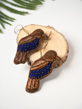 Load image into Gallery viewer, Hand Embroidered Zardozi Xmas Decorations - Blue Antique Birds (Set of 2)